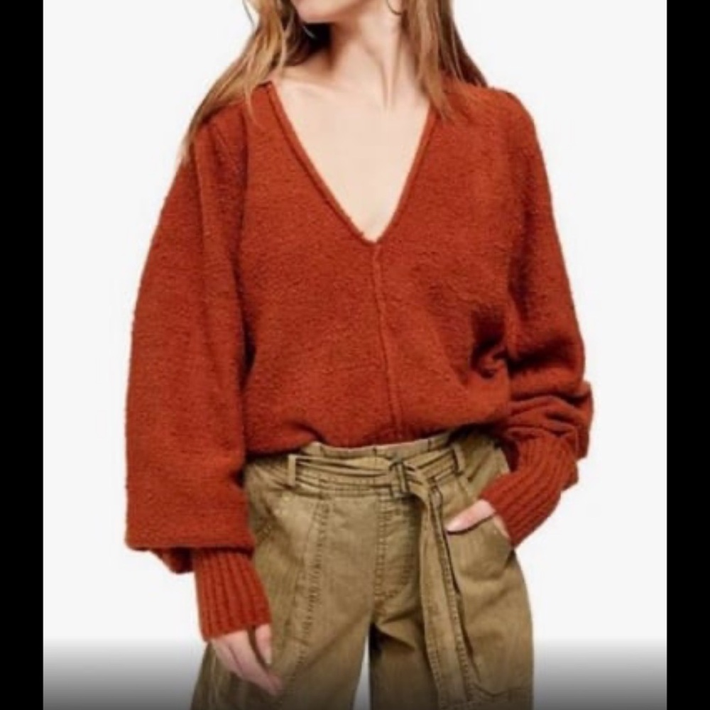 Free People Textured V Neck Balloon Sleeve Sweater
